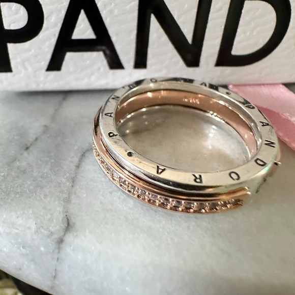 Genuine Pandora Rose Gold Signature Two-Tone Logo Pave Ring 182773C 58 (9) - Picture 11 of 11